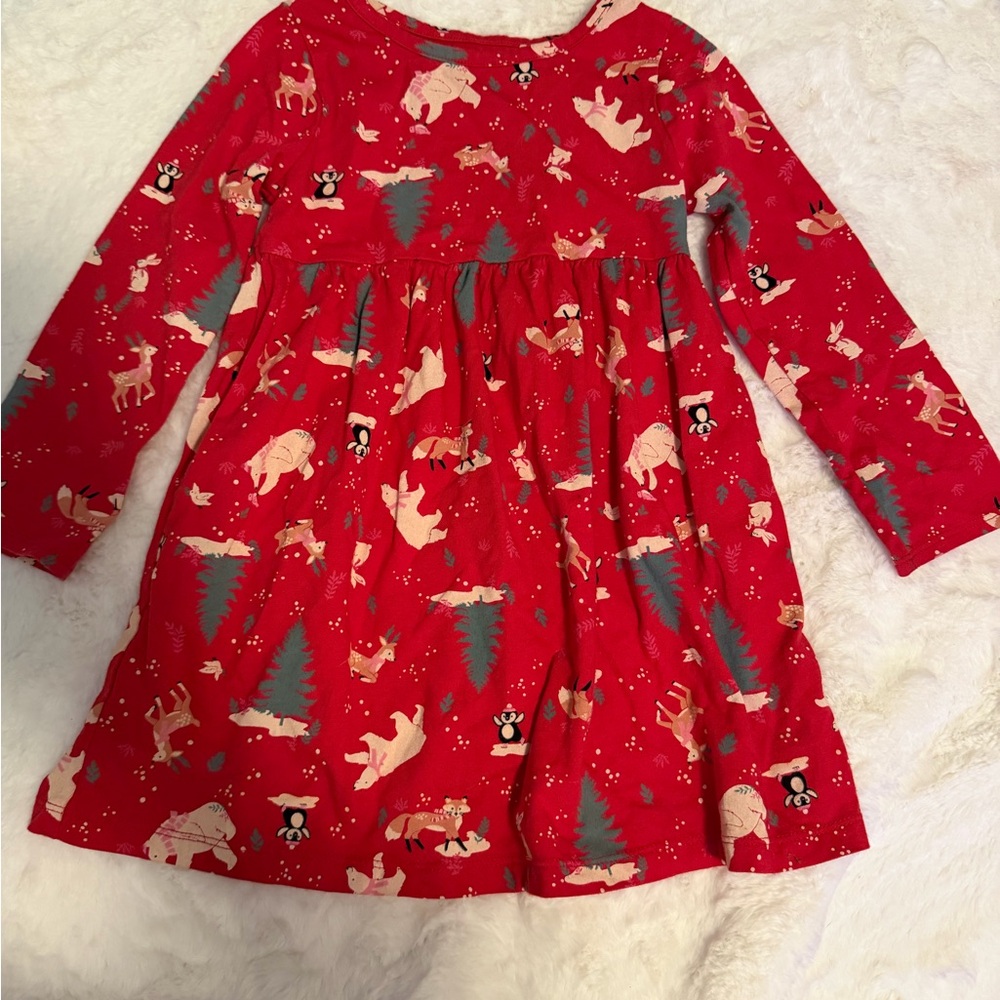 Red Long Sleeve Dress with Animal Print Winter Print